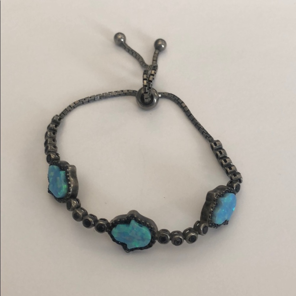 .925 silver adjustable blue opal hamsa bracelet